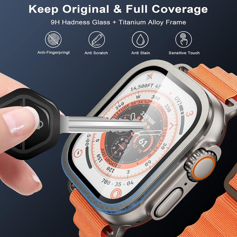 wsken for Apple Watch Ultra 3/Ultra 2/Ultra Screen Protector 49mm,9H Tempered Glass + Titanium Alloy Frame, [Keep Original] [Touch Sensitive] Lightweight Protective Glass Film, Orange + Original - Image 2